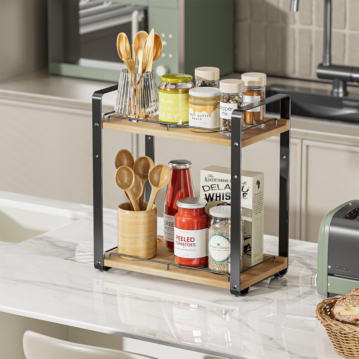 Delamu 2-Tier Bathroom Counter Organizer, Wood Vanity Organizer Countertop for Skincare & Makeup, Multi-Purpose Vanity Bathroom Shelf for Coffee Station Kitchen Storage and Organization Delamu