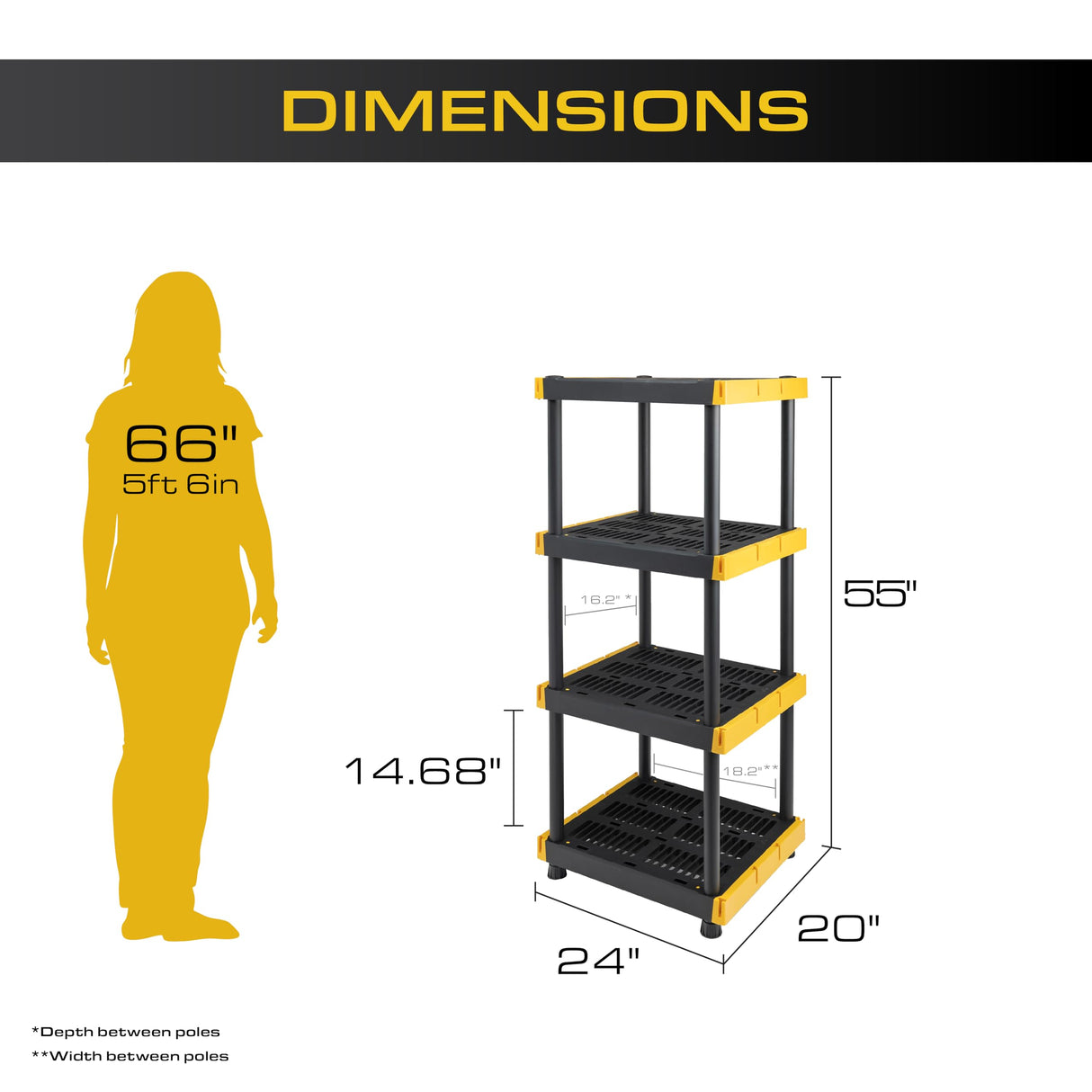 BLACK & YELLOW 4-Tier Heavy Duty Plastic Storage Shelving Unit, 100lbs/shelf (55" x 24" x 20"), for Indoor/Outdoor Organization, Modular Rack, Extremely Durable, Made in The USA [2 Pack] BLACK & YELLOW
