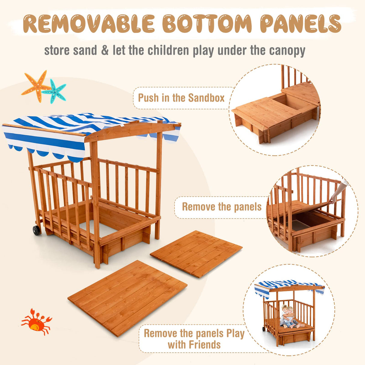 INFANS 3 in 1 Kids Sandbox with Canopy and Cover Rear Wheels Guardrails, Wooden Cedar Cabana Sandbox Playhouse for Outdoor Beach Backyard Lawn Garden Play Home Children Playset Sandpit INFANS