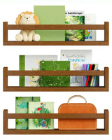 Harwaya Walnut Brown Nursery Book Shelves Wall Mounted, Wooden Floating Bookshelf for Kids Room Bedroom, Dark Wood Nursery Bookshelves for Kitchen Classroom Playroom (Solid Pine, 3-Pack) Harwaya