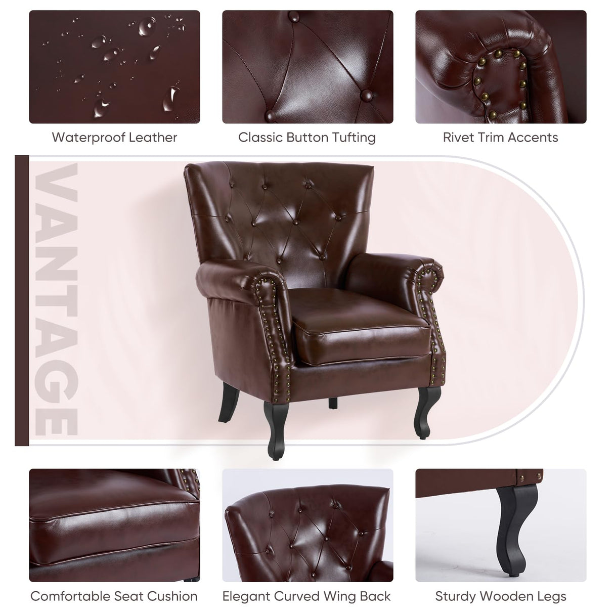 MOJAY PU Leather Accent Chair Set of 2, Mid-Century Modern Armchair Living Room Club Chair with Tufted Button & Rivet Trim, Upholstered Sofa Chair with Sturdy Wood Legs for Bedroom (Reddish Brown) MOJAY