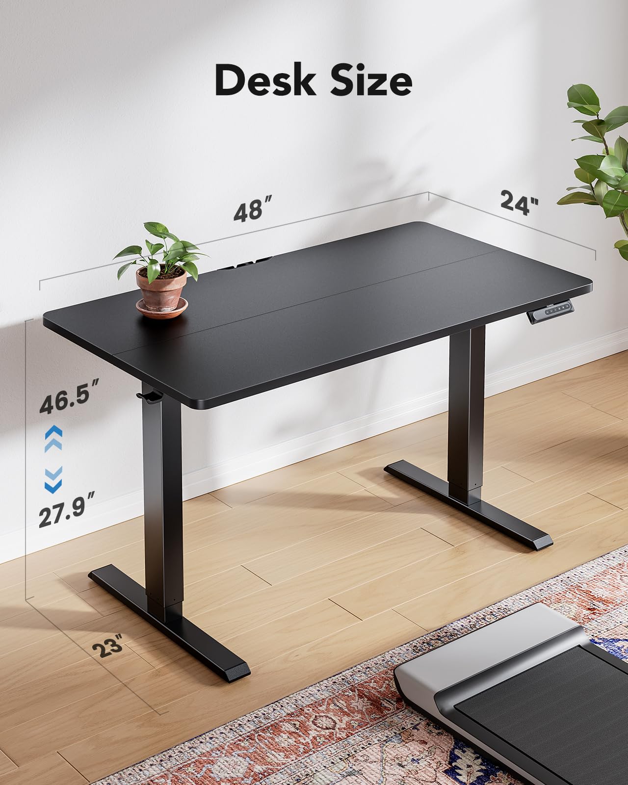 HUANUO 48" x 24" Electric Standing Desk Adjustable Height, 4 Memory Height Settings, Headphone Hook, Cable Manager, Sit Stand Up Desk for Home Office & Computer Workstation, Black - WoodArtSupply