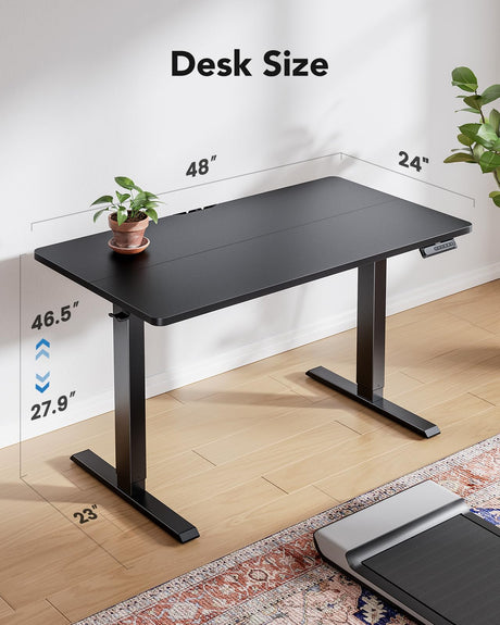 HUANUO 48" x 24" Electric Standing Desk Adjustable Height, 4 Memory Height Settings, Headphone Hook, Cable Manager, Sit Stand Up Desk for Home Office & Computer Workstation, Black HUANUO