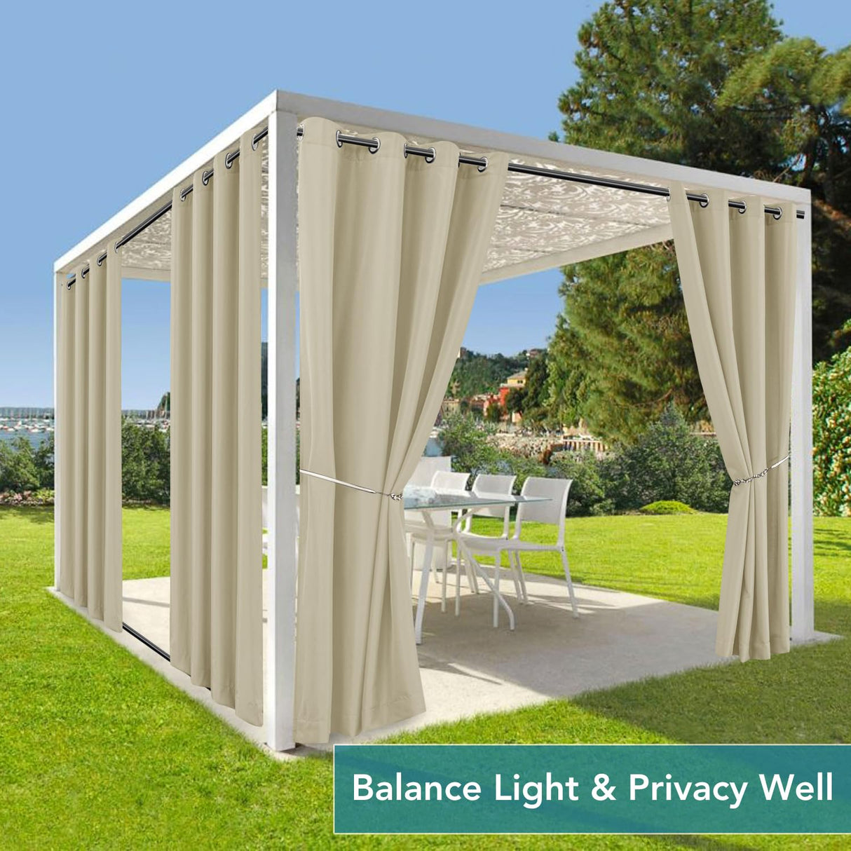 HolidayIdeas Outdoor Curtains for Patio Waterproof-4 Panels 54"x84"-Windproof Weatherproof Privacy Cream Outside Curtains-Grommet Top and Tab Bottom Drape for Gazebo, Porch, Pergola, Cabana, Backyard HolidayIdeas