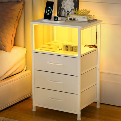 Dicasser Nightstand with Drawers,White NightStand with LED Light, Bedside Table with 3 Fabric Drawers for Bedroom, Modern Night Stand for Small Spaces,White