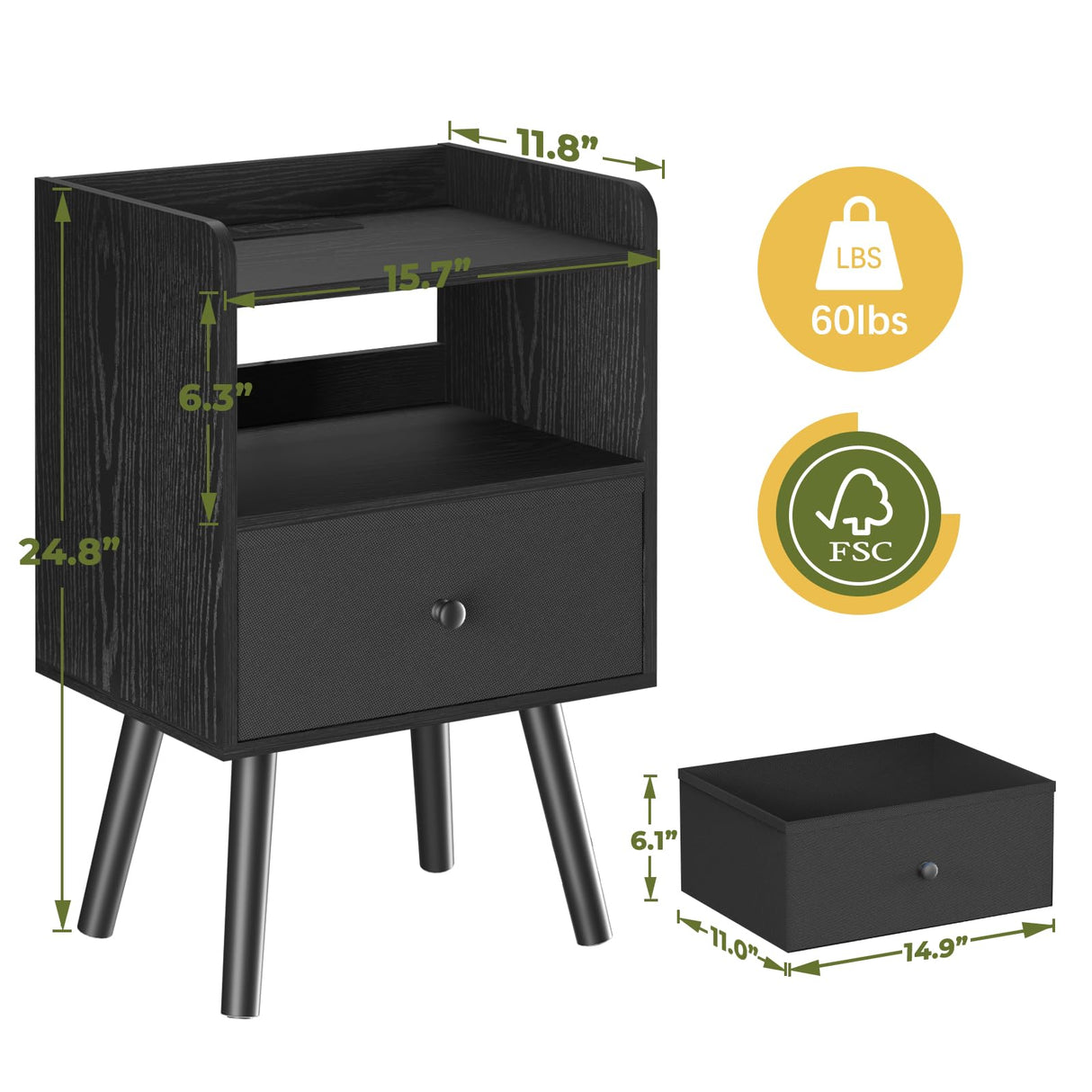 Yoobure Nightstand with Charging Station, Modern Night Stand with LED Lights, Wood Nightstands with Fabric Drawer & Storage Shelf, Night Stands Bedside Table with USB Ports for Bedroom, Office, Home Yoobure