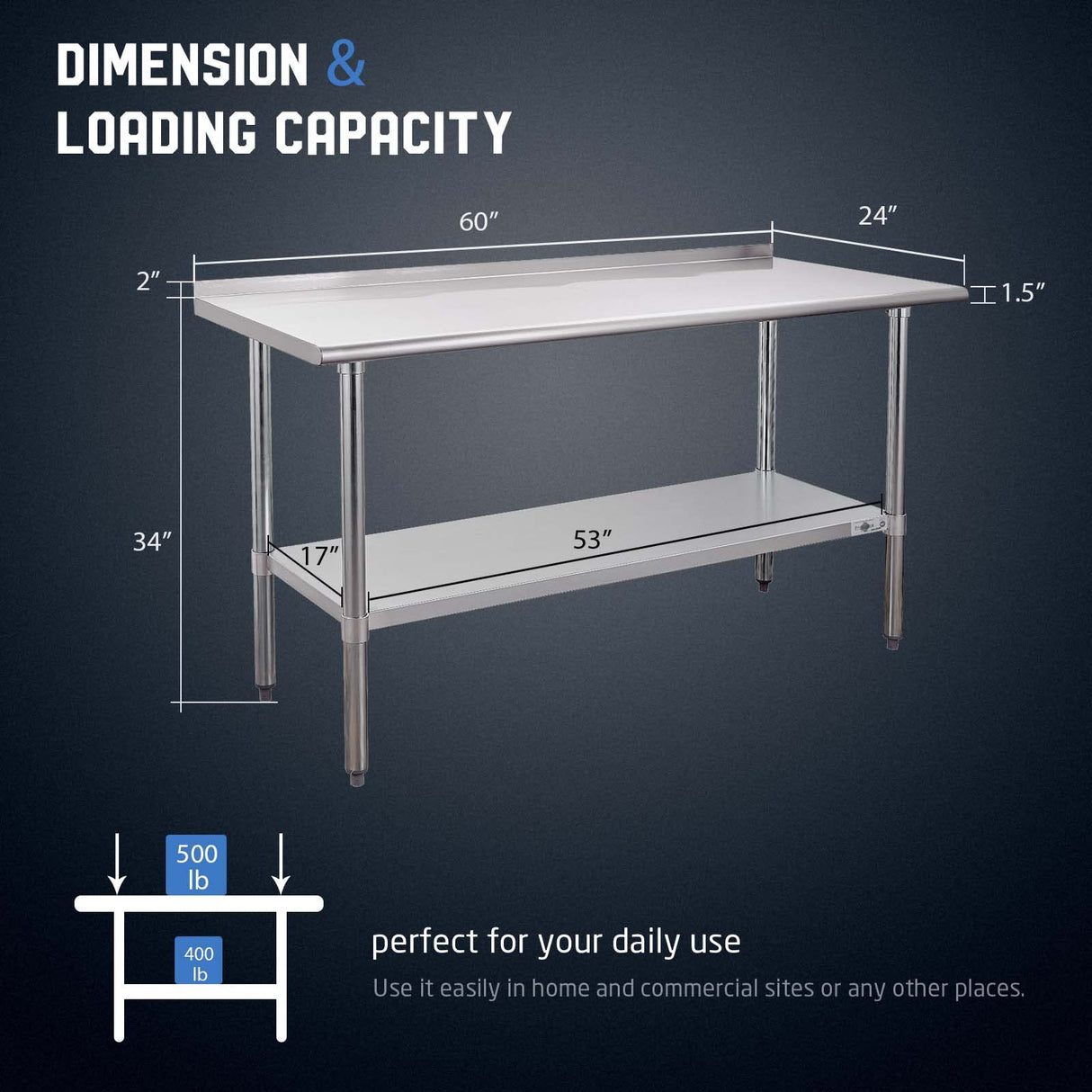 Profeeshaw Stainless Steel Prep Table NSF Commercial Work Table with Backsplash and Undershelf for Kitchen Restaurant 24x60 Inch Profeeshaw