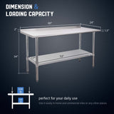 Profeeshaw Stainless Steel Prep Table NSF Commercial Work Table with Backsplash and Undershelf for Kitchen Restaurant 24x60 Inch Profeeshaw