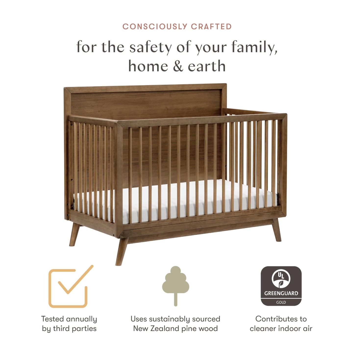 babyletto Palma 4-in-1 Convertible Crib with Toddler Bed Conversion Kit in Natural Walnut, Greenguard Gold Certified