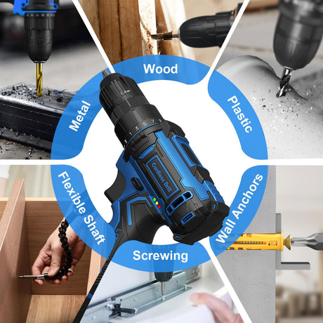 Cordless Drill Set,12V Power Drill Driver 3/8" Keyless Chuck with 42 Acessories, Built-in LED Light, 25+1 Position, Electric Drill for Home DIY Projects（Blue） VIWKO