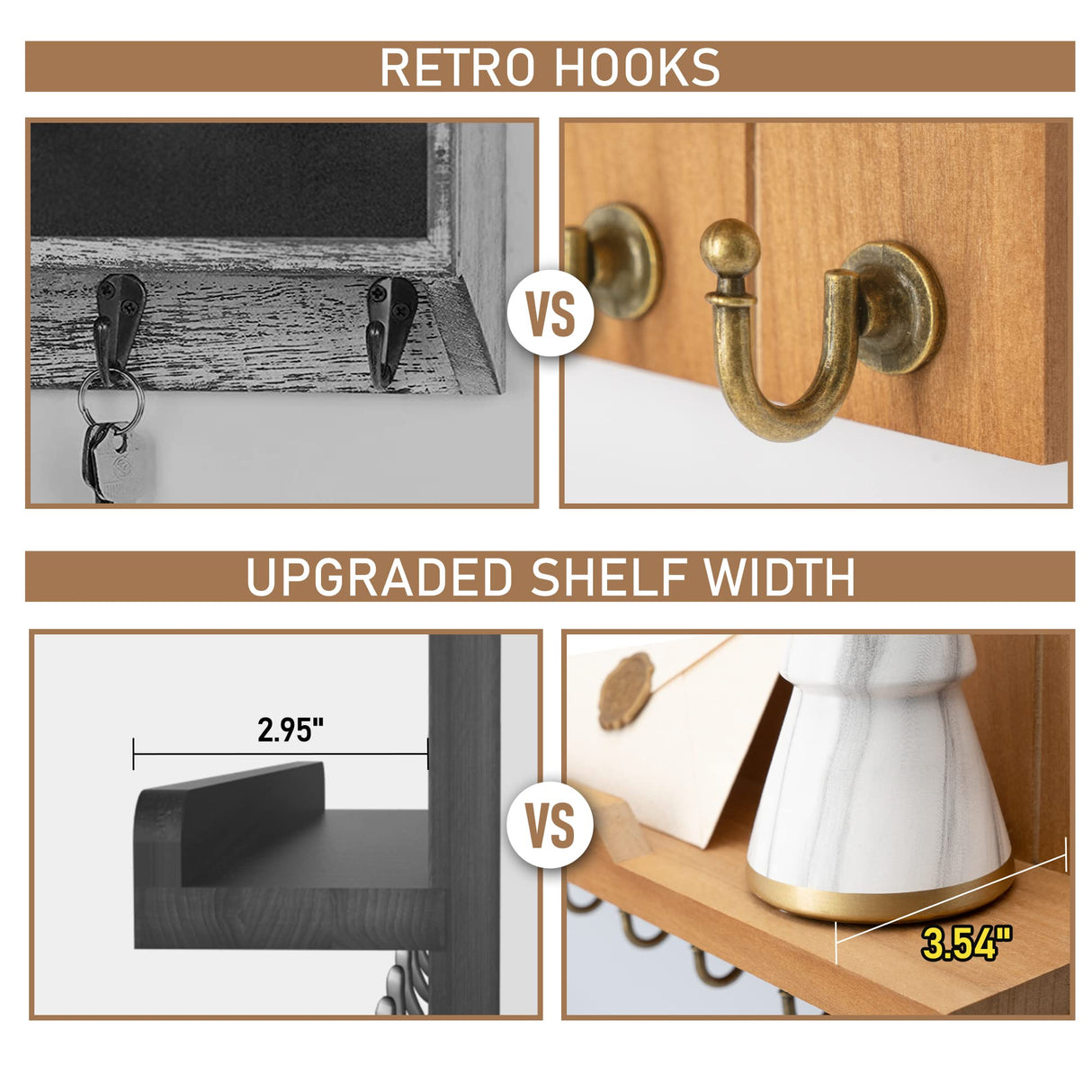 Rebee Vision Decorative Key Holder for Wall Shelf - Farmhouse Wood Wall Hanging Mail Organizer with 7 Sturdy Key Hooks for Home Entryway Decor - Stylish Key racks (Light Brown) Rebee Vision