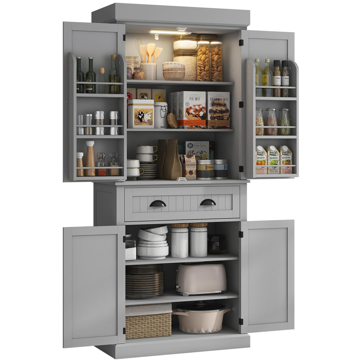 HOMCOM 71" Kitchen Pantry Cabinet with LED Motion Sensor Light, Tall Storage Cabinet with 6 Door Shelves, Drawer & Adjustable Shelves, for Living & Dining Room, Gray HOMCOM