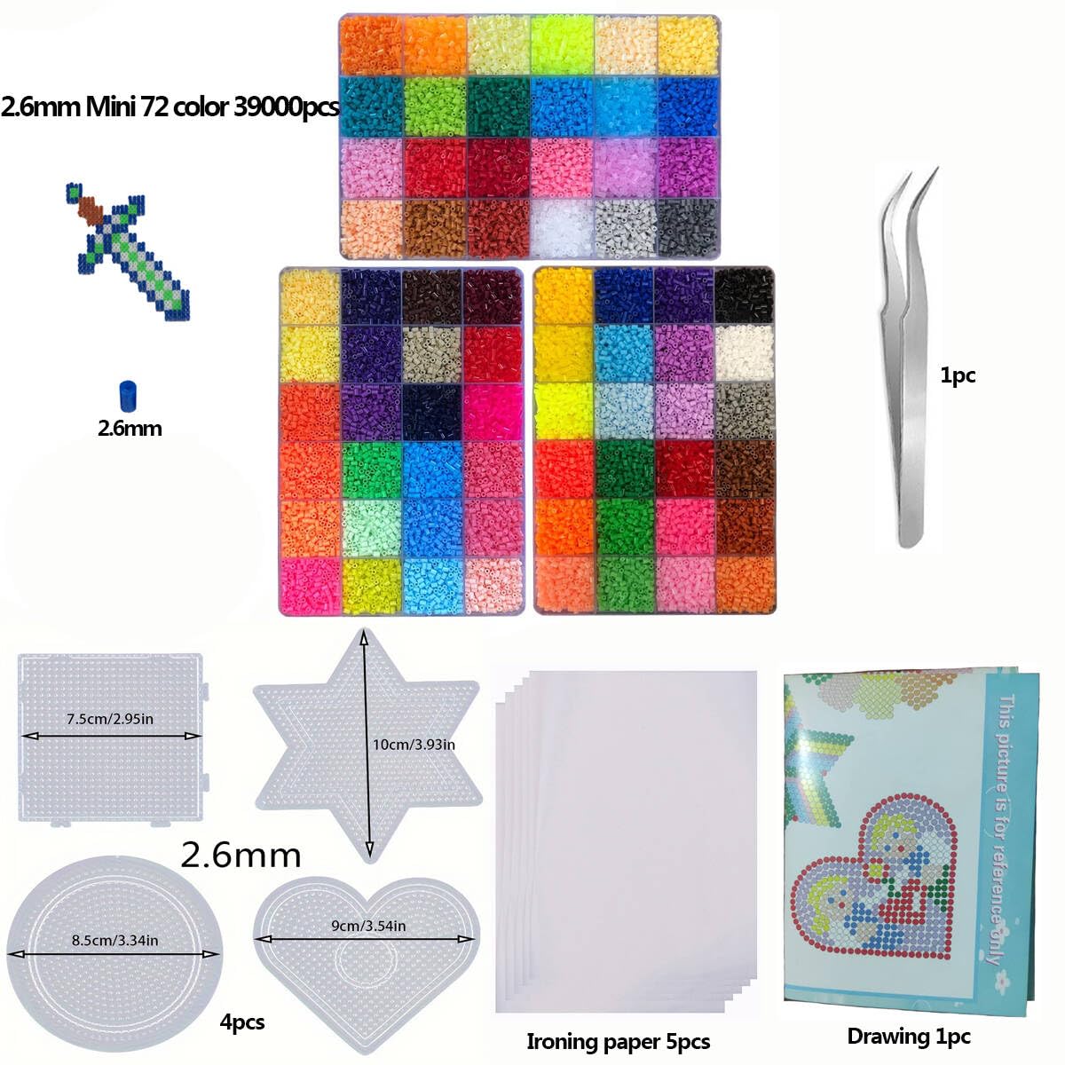ZLLBTMO 39000 Pcs Fuse Beads Kit for Craft Making 72 Colors 2.6mm Mini Small Iron Beads Set for Aduld Kids, with Box, 4 Pegboards, 1 Drawing, 1 Tweezers, 5 Ironing Paper ZLLBTMO