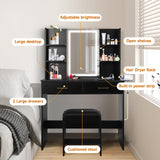 QUALIKRAFT Vanity Set with Mirror and Stool and Lights, Vanity Desk with Mirror & Power Outlet, Vanity Desk with Drawers, Black Vanity with Lighted Mirror, Dressing Table Set with 2 Large Drawers QUALIKRAFT