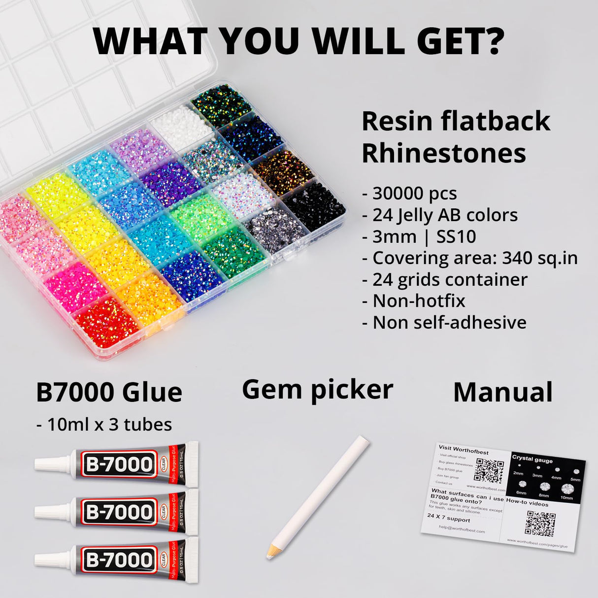 30000Pcs Resin Jelly Rhinestones for Crafting Bedazzling, Multicolor 3mm Flatback Gems for Crafts Clothing Clothes Tumblers Shoes Nails, Flat Back Mixed Color Bulk Bedazzler Kit Jewels with b7000 Glue Worthofbest