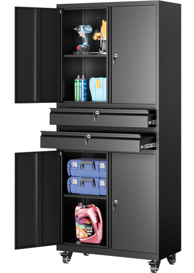 Metal Storage Cabinet with Wheels and Drawers,Rolling Garage Storage Cabinet with Locking Doors and Adjustable Shelves,73" Mobile Tall Large Metal Tool Cabinets with Locks for Home,Office,Garage