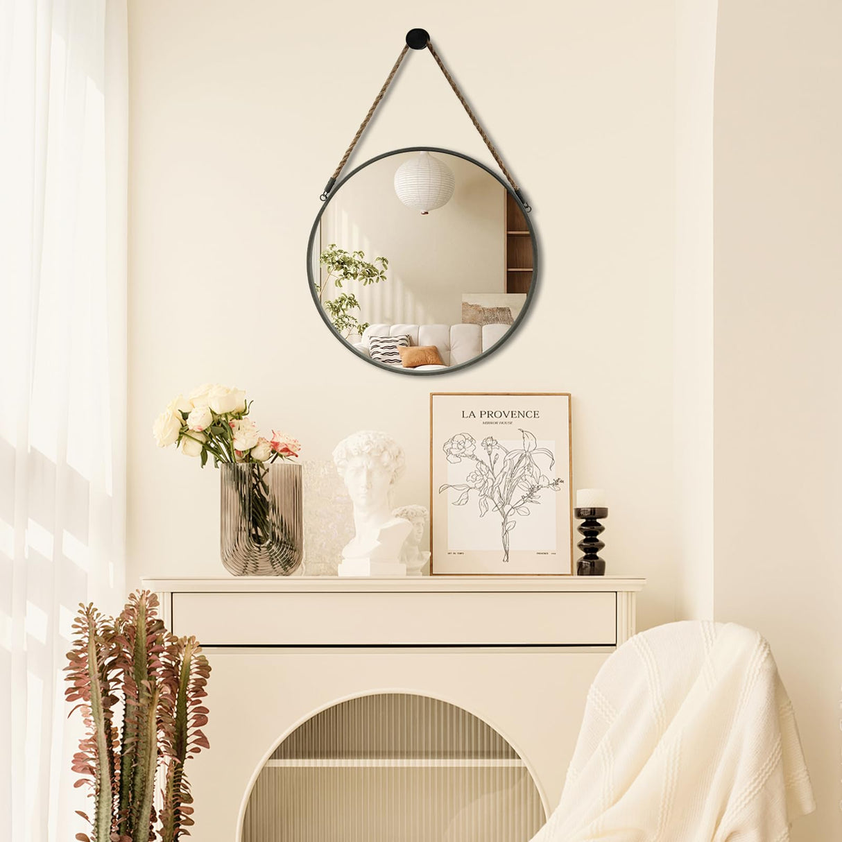 POZINO Round Mirror, Rope Hanging Mirror, 15 Inch Farmhouse Circle Wall Mirror for Bathroom Bedroom Living Room Entryway Home Decor, Grey POZINO