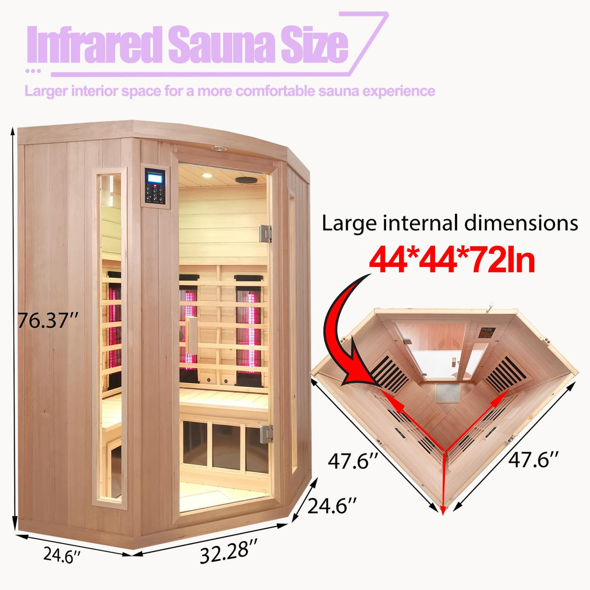 KUNSANA Ceramic Infrared Saunas for Home, 2-3 Person Infrared Sauna, Low EMF Indoor Sauna, Home Sauna, Hemlock Wooden Sauna Room with Bluetooth Speakers, Reading Lamps, Chromotherapy Lights KUNSANA