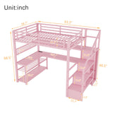Full Size Loft Bed with LED Light and Stairs, Metal Loft Bed Frame with Desk, Storage Drawers & Shelves, Hanging Rod, Gaming Lofts Beds with Charging Station for Adults Teens Kids Gamer, Pink Mirightone