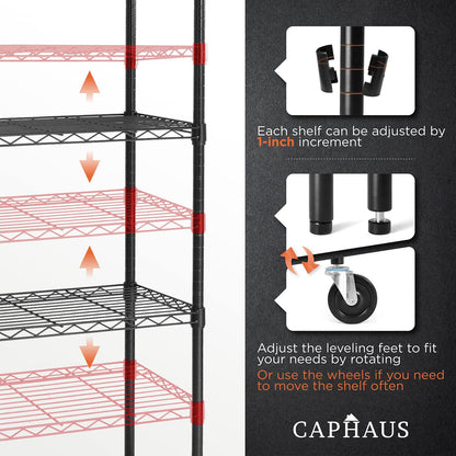 CAPHAUS 4-Tier Commercial Grade Heavy Duty Adjustable Height Wire Shelving w/Wheels & Leveling Feet, Storage Metal Steel Shelf, Garage Shelving - WoodArtSupply