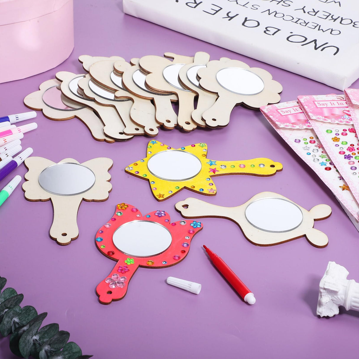 TEHAUX DIY Unfinished Wooden Mirror for Crafts to Paint Set Kids Handheld Mirror Mini Princess Hand Mirror Make Your Own Mirror Craft Handmade Painting Crafting Supplies TEHAUX