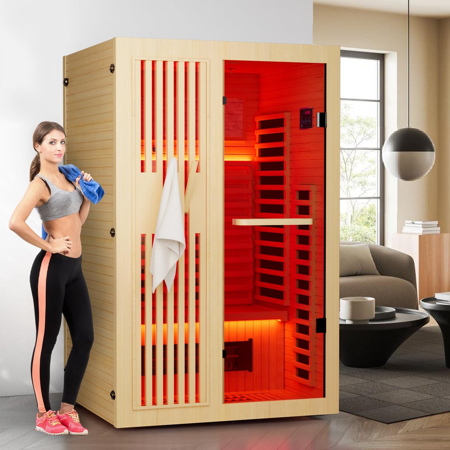 SAUNAERA Full Spectrum Sauna for Home,1~2 Person Indoor Sauna Room with 10 Minutes Warm-up Heate,Low EMF,Canadian Hemlock Wood Home Infrared Sauna with Bluetooth. and Tempered Glass
