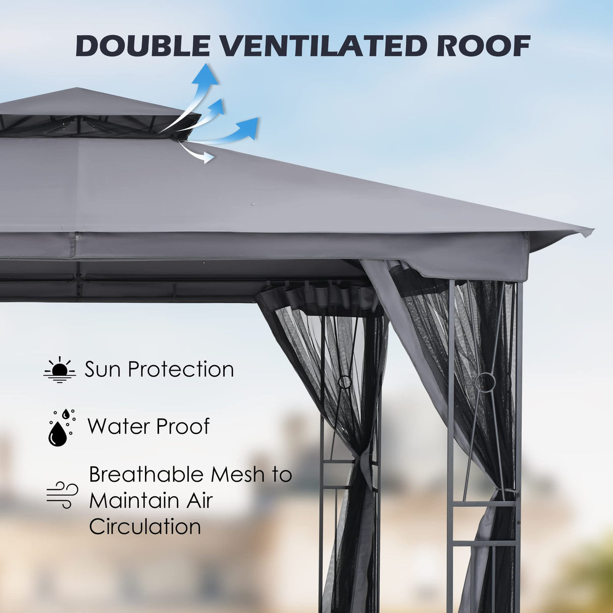 HAPPATIO 10' X 12' Patio Gazebo with Ventilation Double Roof，Outdoor Gazebo with Mosquito Netting for Lawn, Garden (Grey) HAPPATIO