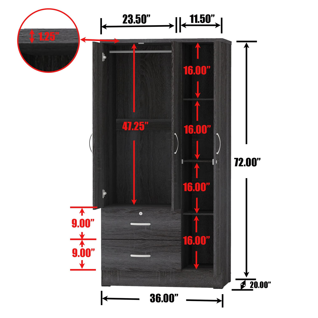Better Home Products Symphony Wardrobe Armoire Closet with Two Drawers in Gray Better Home Products