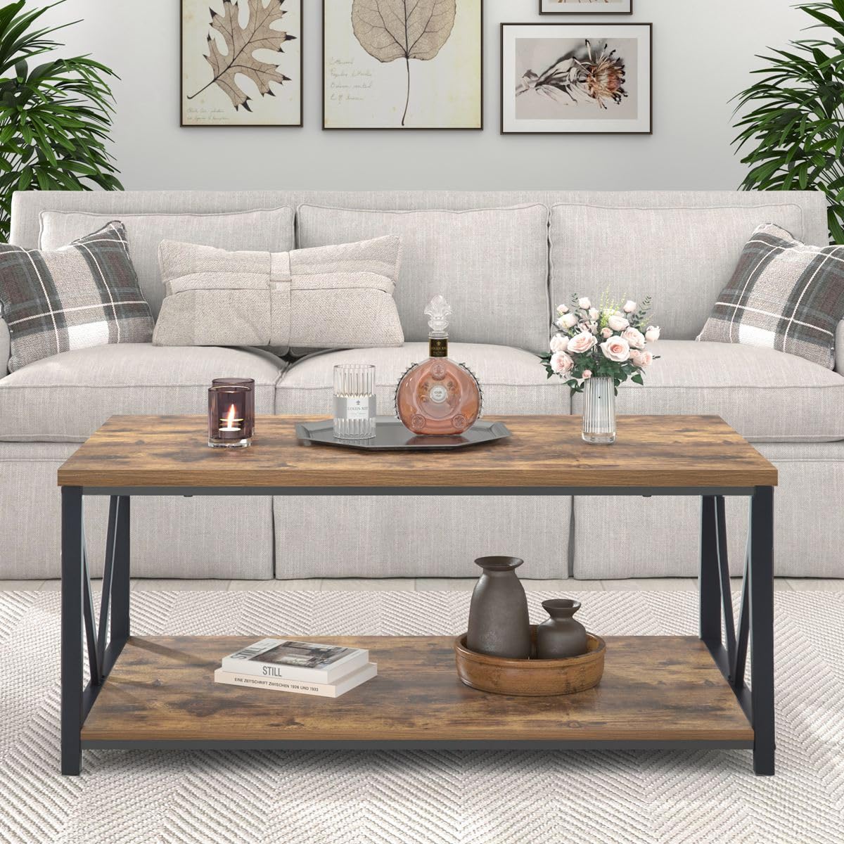 EXCEFUR Modern Coffee Table, Industrial Metal and Wood Living Room Table with Storage Shelf, Rustic Brown EXCEFUR
