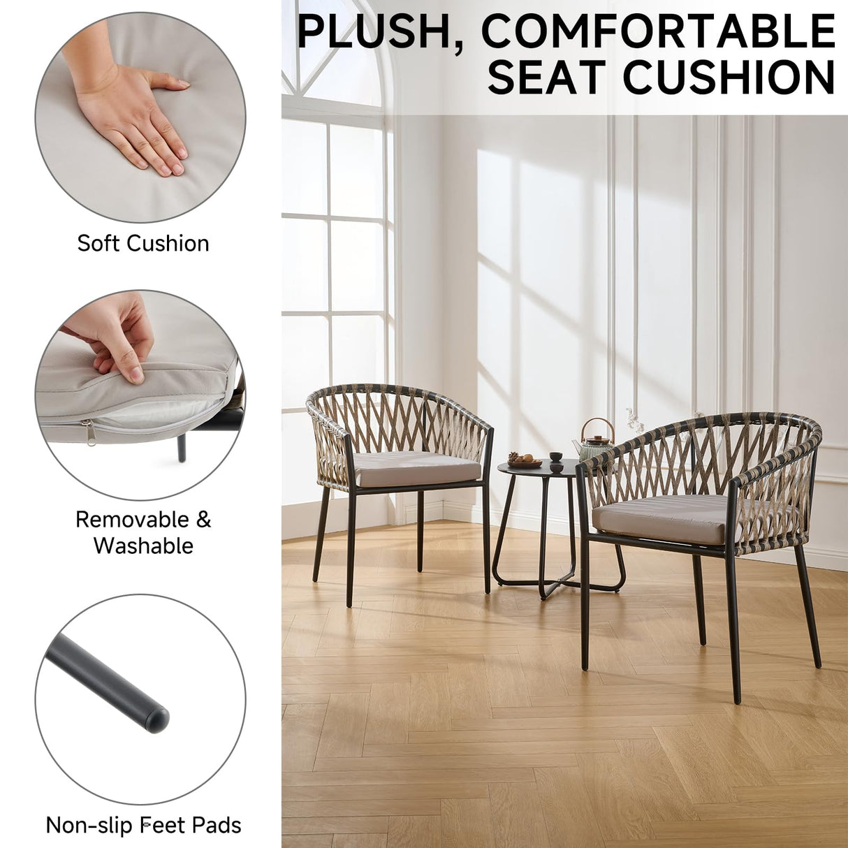 Thinlute Patio Dining Chairs Set of 4, Outdoor Rattan Wicker Chair with Armrest and Cushions, All-Weather Bistro Chairs with Curved Back for Garden, Backyard, Porch, Poolside, Deck, Gray Thinlute