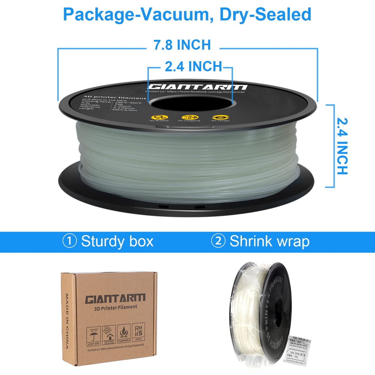 GIANTARM Glow in The Dark Blue Luminous 1.75mm(±0.03mm) PLA Filament 1kg Spool, High Brightness and Long Time Glow, Fit for Most FDM 3D Printer GIANTARM