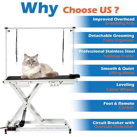 50'' Electric Dog Grooming Table, Heavy Duty, Height Adjustable Pet Grooming Table with Socket w/Leveling Wheels, Grooming Arm, Anti Slip Tabletop & Tool Organizer, for All Pets White Towallmark