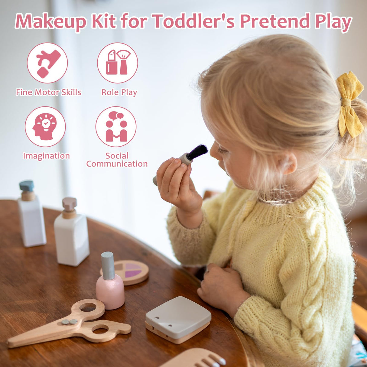 Smartwo Wooden Makeup Toy Set for Toddler Pretend Play 22 PCS Wood Beauty Salon Toys Cute Wooden Makeup Kit with Realistic Accessories Gift for Girls 3 4 5 6 Smartwo