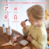 Smartwo Wooden Makeup Toy Set for Toddler Pretend Play 22 PCS Wood Beauty Salon Toys Cute Wooden Makeup Kit with Realistic Accessories Gift for Girls 3 4 5 6 Smartwo