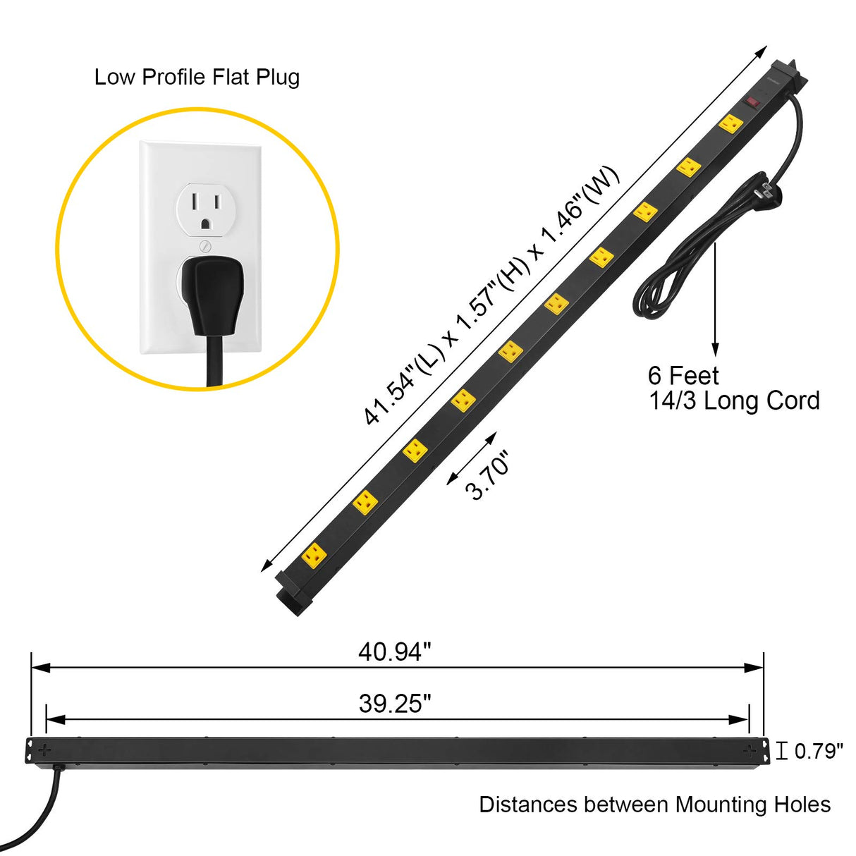 SURAIELEC 10 Outlet Long Power Strip Surge Protector, Industrial Heavy Duty Metal Shop Power Strip with Flat Plug, 1000 Joules, 15 AMP Breaker, 6FT Cord, Wall Mountable, for Work Bench, Shop, Garage SURAIELEC