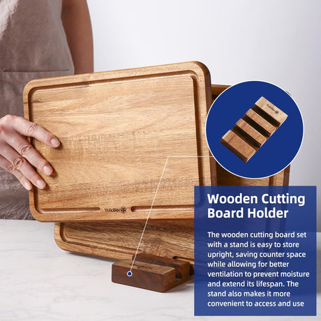YUSOTAN Wood Cutting Board Set of 3 for Kitchen, Acacia Wooden Cutting Boards, Thick Chopping Board with Deep uice Groove Butcher Block, Wooden Trays for Meat, Fruit and Cheese YUSOTAN