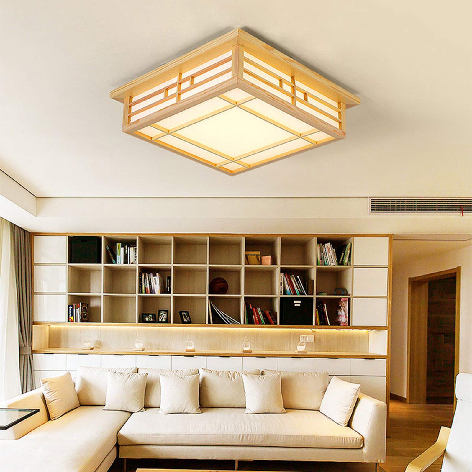 Japanese Style Square Wood Ceiling Light Fixture with LED Lamps, 110V Remote Control Dimmer Light Perfect for Bedroom, Living Room, Dining Room, and Kitchen (35x35cm) - WoodArtSupply