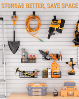 INCLY 4 Pack Black Slatwall Baskets Set, Ventilated Metal Hanging Storage Slat Wall Basket, Mounted Slatwall Accessories for Garage Rooms Shops Storage Organizing Display on Slatwall Panels INCLY