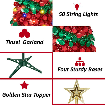 5 Ft Pop Up Christmas Tree with Lights, Pencil Tinsel Collapsible Christmas Tree with 50 Warm Light & Tree Topper for Christmas Decoration Courtyard Home Party Decor Indoor Outdoor (Red Green)