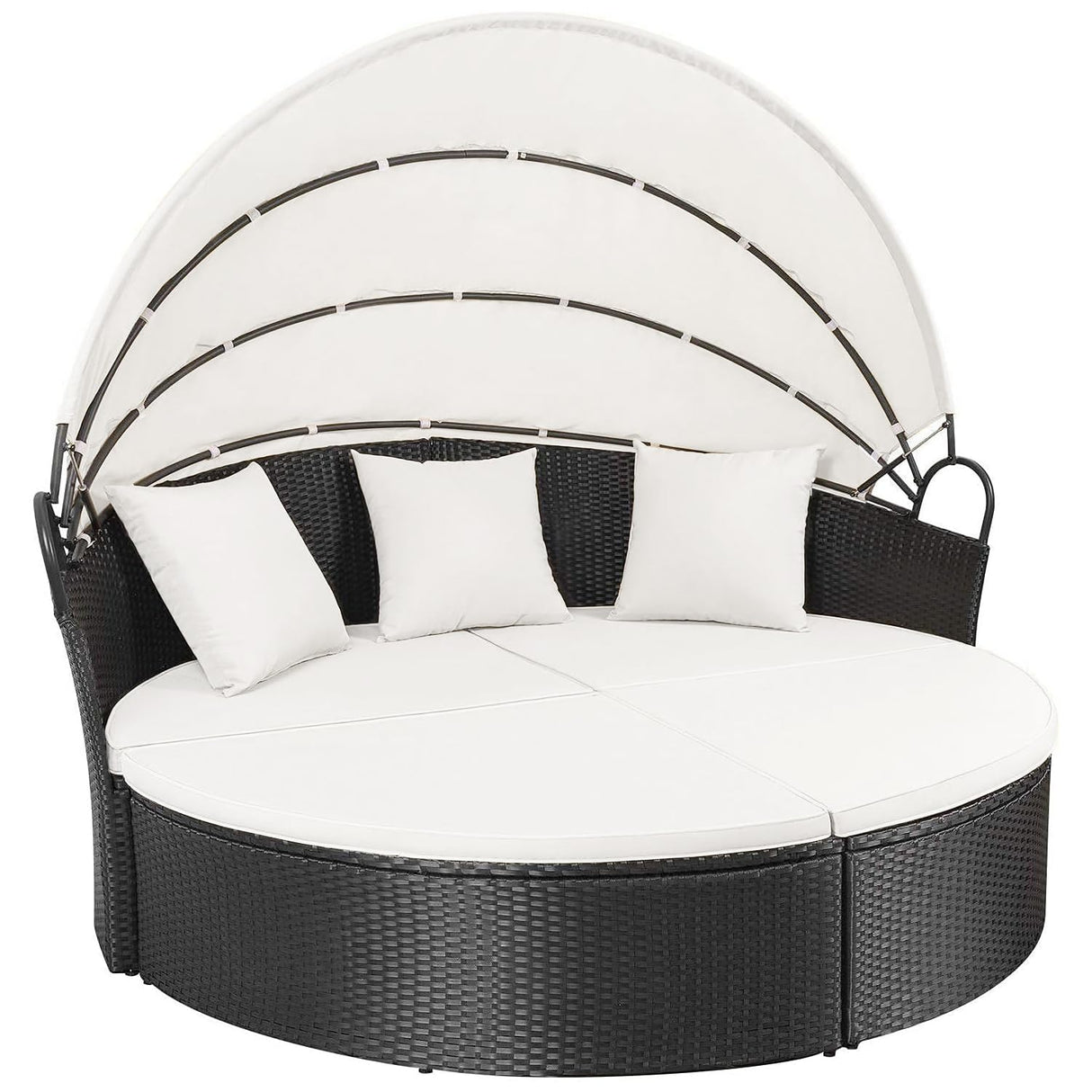 Homall Patio Outdoor Daybed with Retractable Canopy, Rattan Wicker Sectional Seating with Washable Cushions for Patio Backyard Porch Round Daybed Separated Seating (Beige) Homall