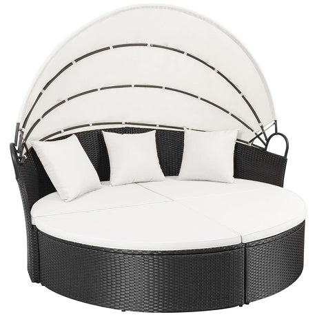Homall Patio Outdoor Daybed with Retractable Canopy, Rattan Wicker Sectional Seating with Washable Cushions for Patio Backyard Porch Round Daybed Separated Seating (Beige) Homall