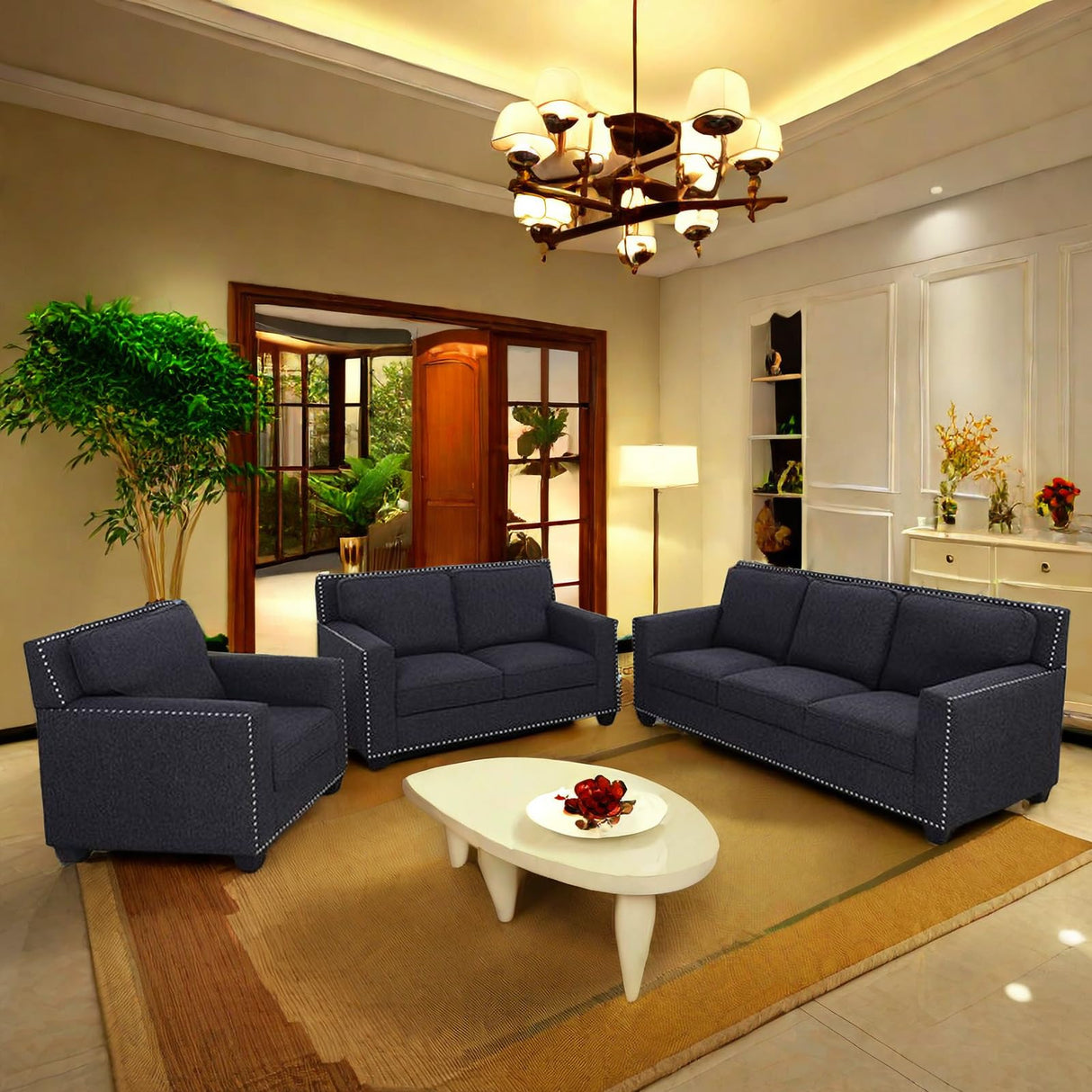 GlasFlength Couches Sofa for Living Room Set 3 Piece Modern Decor Sofa and Loveseat Set with Arms and Nailhead, Includes Loveseat Couch and Armchair GlasFlength