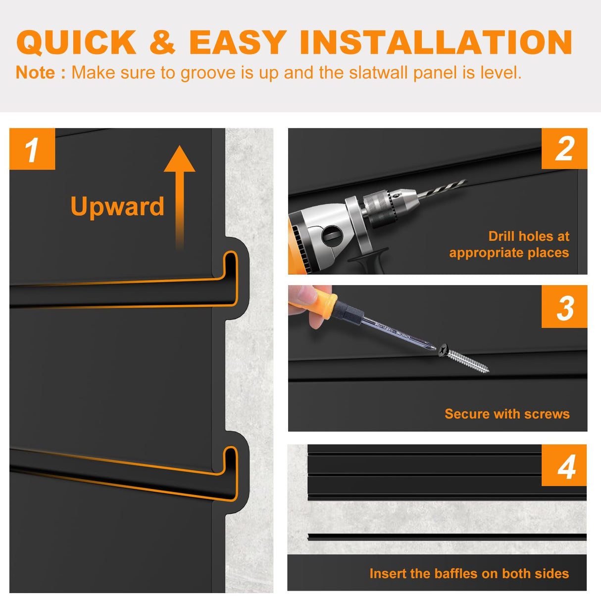 DoCred Slat Wall Paneling Organizer, 4x7.5 FT PVC Garage Slatwall Storage Systems, Heavy Duty Mounted Slat Peg Board for Tool Organization Ladder Bike Rack (Black) DoCred