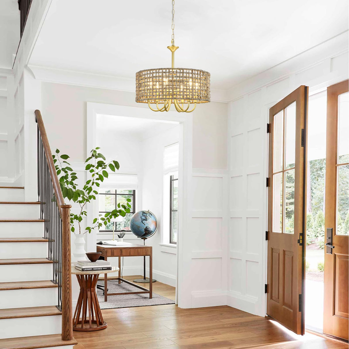 WBinDX 6-Light Boho Large Rattan Chandelier for Dining Room, Seagrass Gold Chandelier with Hand Woven Wicker Shade, Farmhouse Drum Hanging Pendant Light Fixture for Living Room Hallway Foyer WBinDX