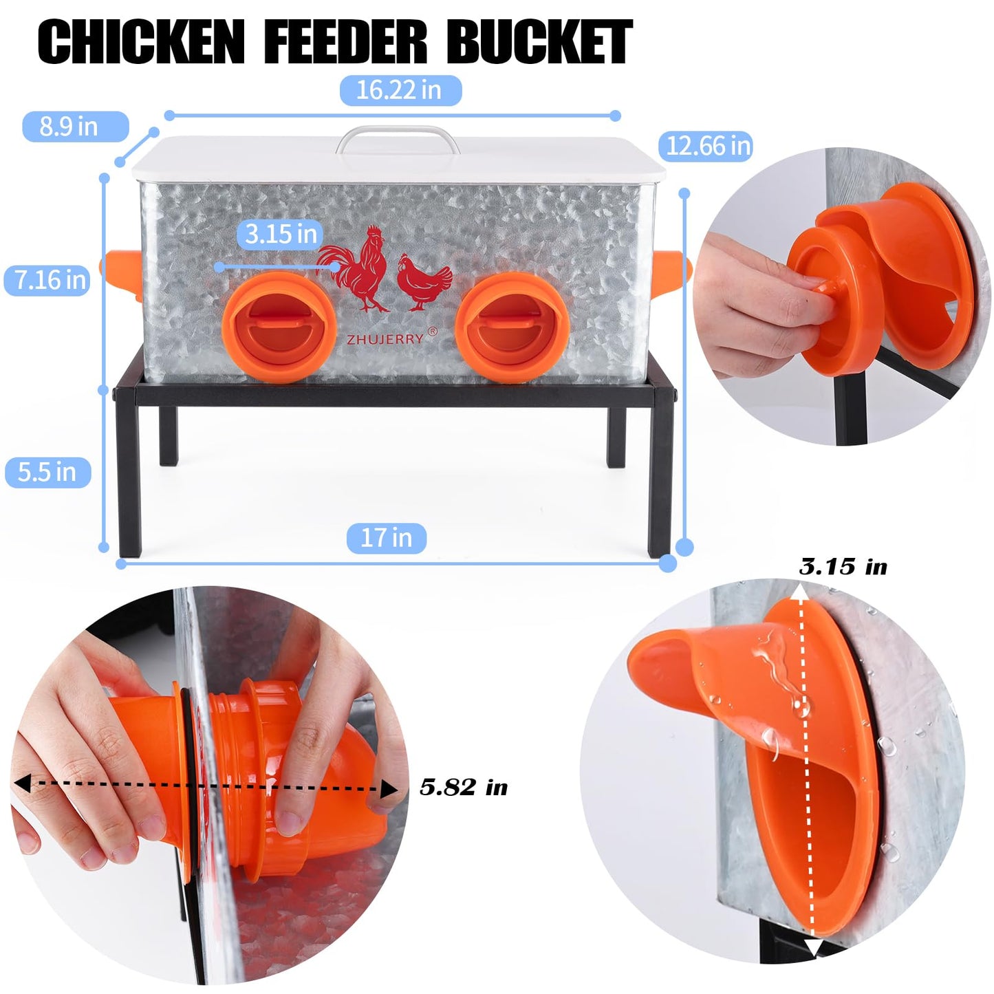 ZHUJERRY Automatic Chicken Feeder No Waste, 25lb 4-Port All Weather Metal Poultry Feeder with Stopper, Weatherproof Large Chicken Feeder for Chickens, Geese, Ducks, Turkeys, Quails