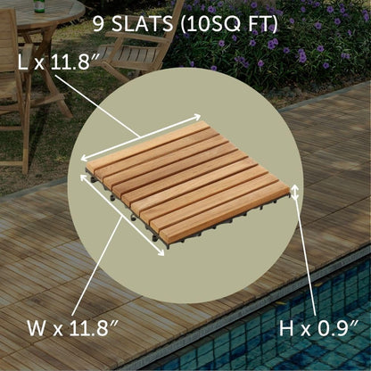 Nordic Style Teak Interlocking Tiles - Wooden Floor Tile Set for Indoor and Outdoor Use - Perfect for Sauna, Patio, Deck, Spa Floors - 10 Square Feet (12" x 12" - 9 Slat Design, Natural Finish)