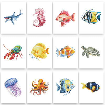 PeakLuv 12 Pcs Small Diamond Art Kits Sea Animals, Fishes Diamond Painting Kits, Mini Diamond Art Kits for Adults, DIY Square Drill Mini Gem Painting 1-Hour Painting for Home Desktop Decor, 6X7in