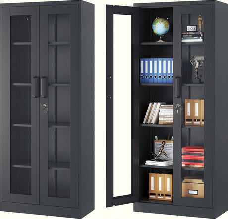 SISESOL Metal Storage Cabinet with Lock and Glass Doors,Glass Display Cabinet,67" Tall Black Storage Cabinets,Locking Curio Cabinets with 5 Shelves for Collectibles,Home,Office,Living Room SISESOL