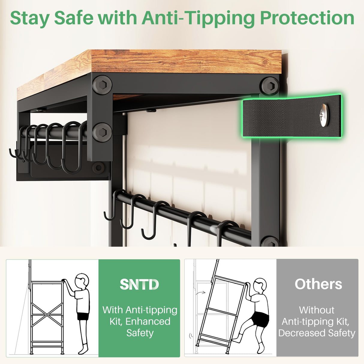 Kitchen Bakers Rack with Power Outlet 10 Hooks, 4 Tiers Coffee Bar Station Cabinet, Microwave Stand with Storage (Rustic Brown, 21.7 x 14.2 x 49.6 Inch) SNTD