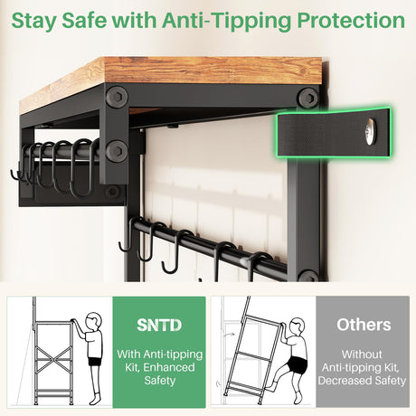 Kitchen Bakers Rack with Power Outlet 10 Hooks, 4 Tiers Coffee Bar Station Cabinet, Microwave Stand with Storage (Rustic Brown, 21.7 x 14.2 x 49.6 Inch) SNTD